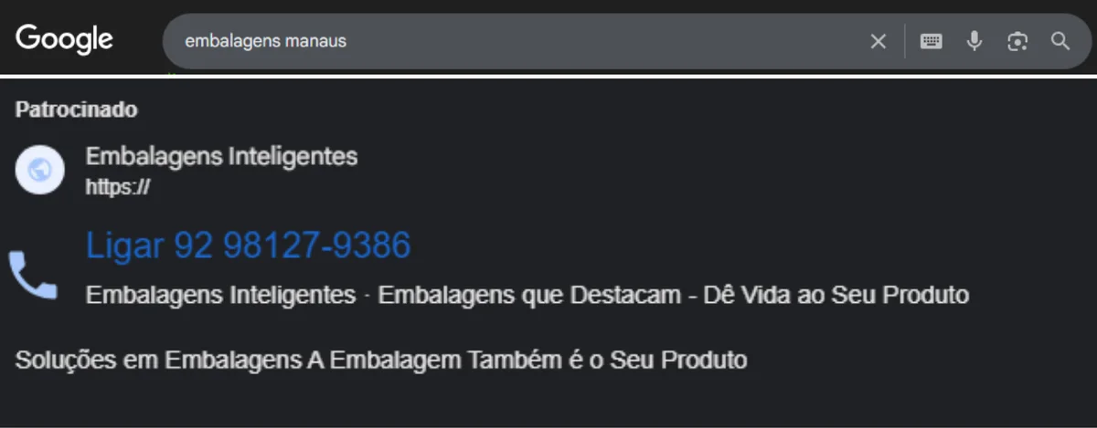 Anúncio patrocinado real no Google para embalagens em Manaus