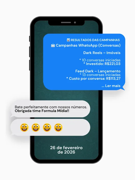 Exemplo real de relatório automático de campanhas enviado via WhatsApp